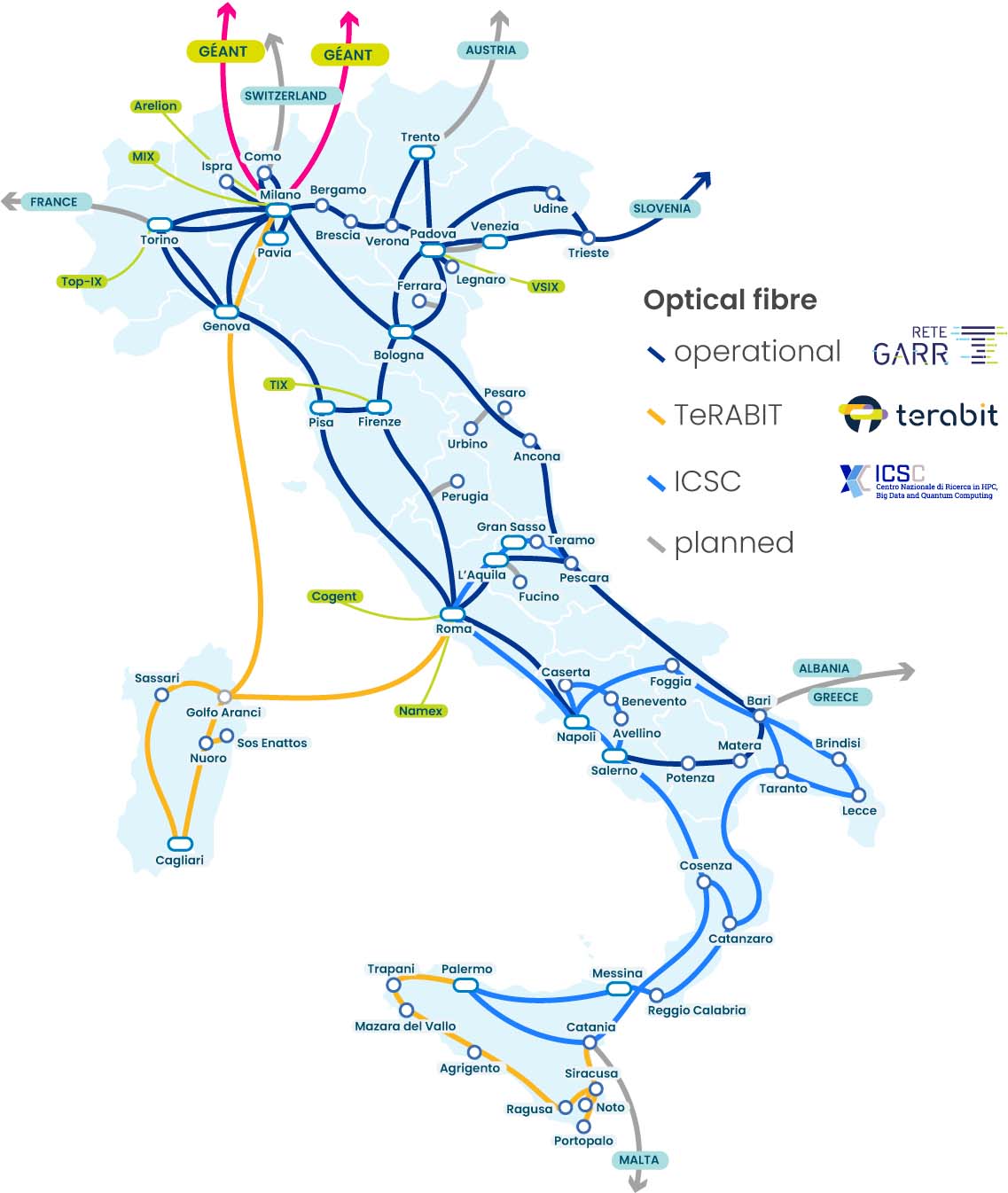 Map of the GARR-T network with the interventions of the PNRR projects