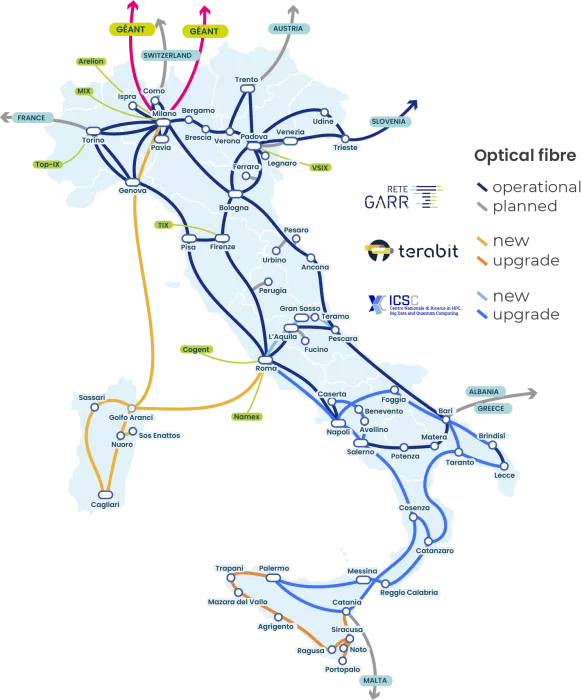 Mappa della rete GARR-T con gli interventi dei progetti PNRR